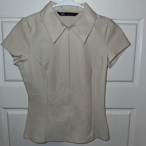 Zara Cream Collared Short-Sleeve Shirt
